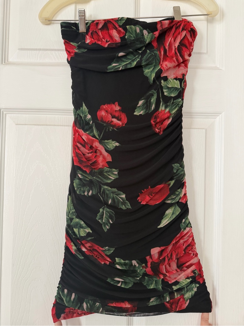 iris Black Strapless Ruched Dress with Red Rose Print